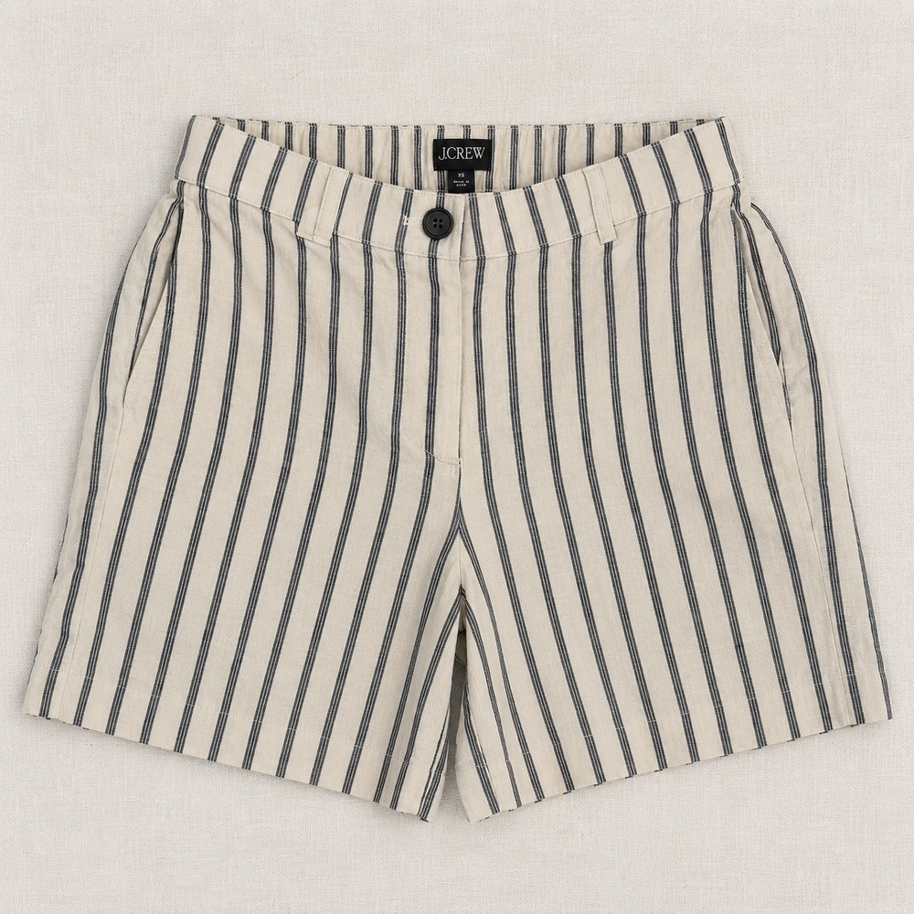 J.Crew Womens XS Striped Linen Blend Shorts Cream Navy Blue Elastic Waist
